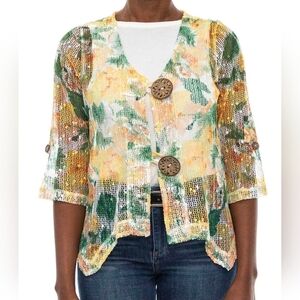 ​NWT Nina Leonard White Open Knit Cardigan L Crochet Mesh Layering Coastal Boho